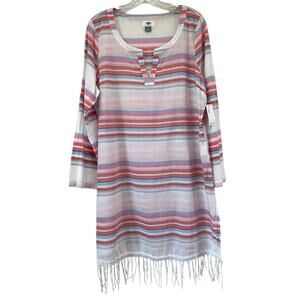 Old Navy Striped Fringe‎ Cotton Shirt Tunic Cover Up Kimono Size L Resort Beachy